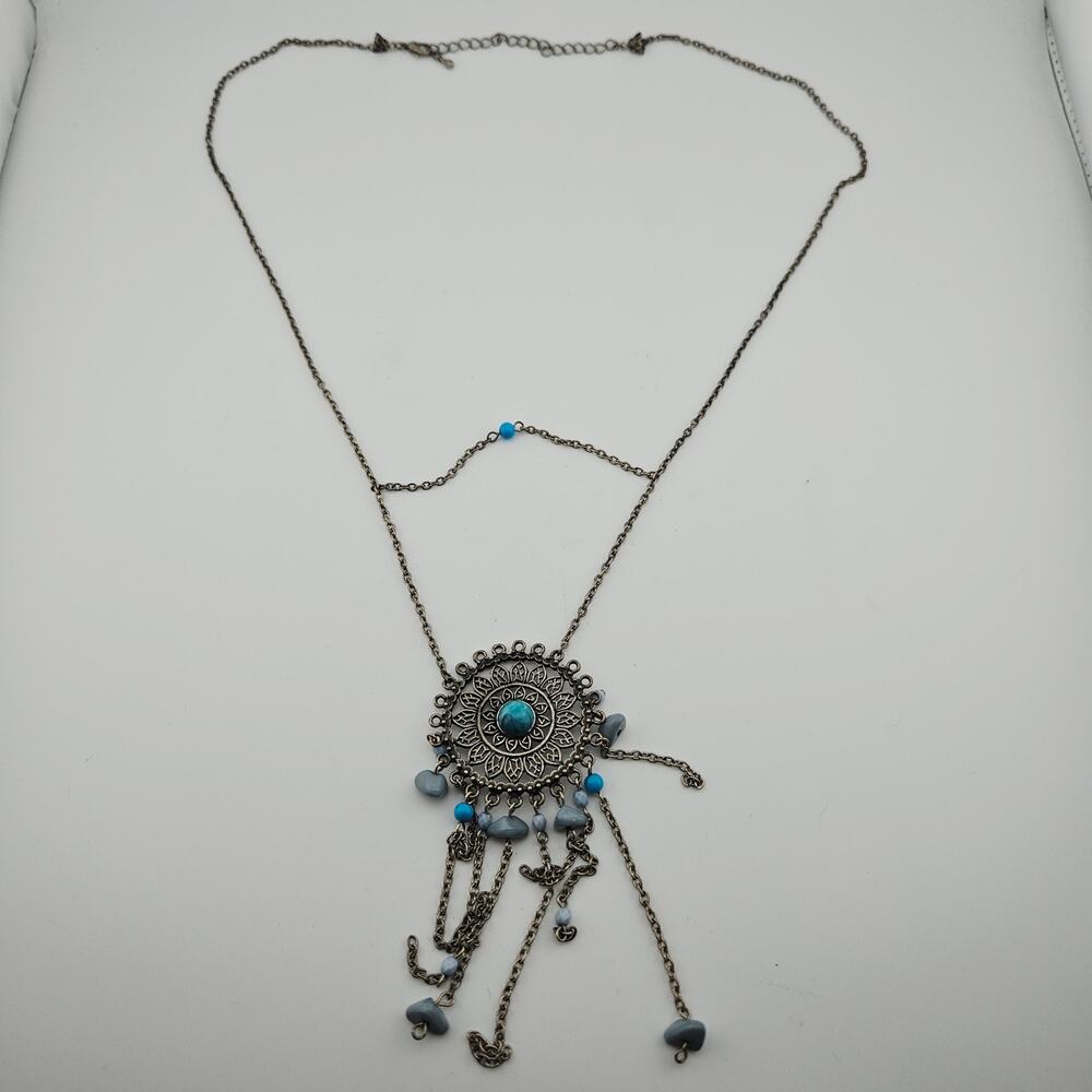 Silver tone Turquoise Colored Stone Pendant Necklace Southwestern Dream Catcher